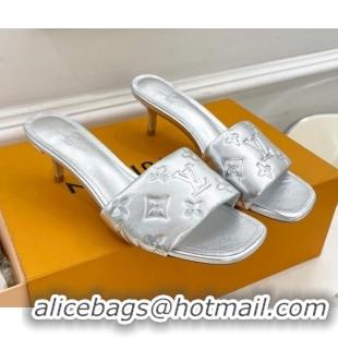 Sumptuous Louis Vuitton Revival High Heel Slide Sandals 5.5cm in Monogram Embossed Lambskin Silver 0325116