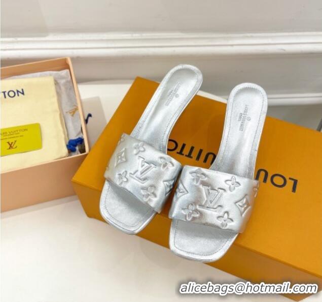 Sumptuous Louis Vuitton Revival High Heel Slide Sandals 5.5cm in Monogram Embossed Lambskin Silver 0325116