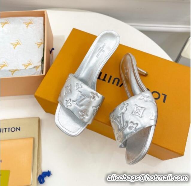 Sumptuous Louis Vuitton Revival High Heel Slide Sandals 5.5cm in Monogram Embossed Lambskin Silver 0325116