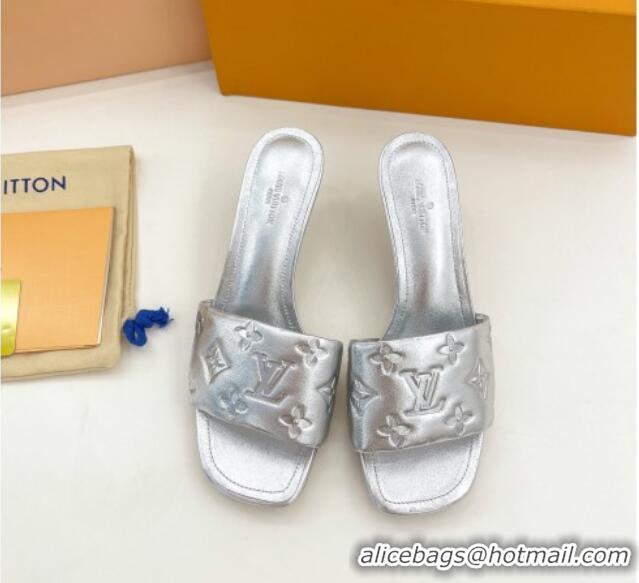 Sumptuous Louis Vuitton Revival High Heel Slide Sandals 5.5cm in Monogram Embossed Lambskin Silver 0325116