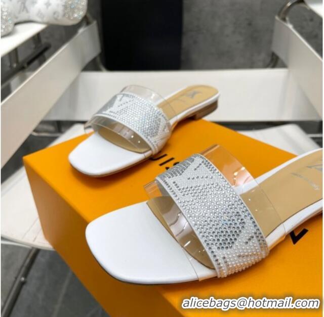 Good Quality Louis Vuitton TPU and LV Crystal Flat Slide Sandals White 0325117