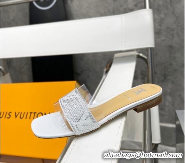 Good Quality Louis Vuitton TPU and LV Crystal Flat Slide Sandals White 0325117