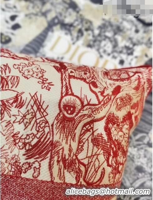 Famous Brand Dior Large Sqaure Cushion in Red Toile de Jouy Embroidery 50x50cm CD1344 2021