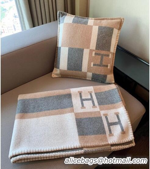 Top Quality Hermes Avalon Wool Pillow And Blanket 50x50cm H110276 Beige 2021