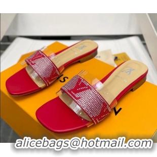 Good Looking Louis Vuitton TPU and LV Crystal Flat Slide Sandals Red 032606