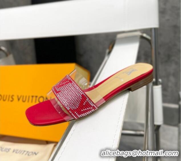 Good Looking Louis Vuitton TPU and LV Crystal Flat Slide Sandals Red 032606