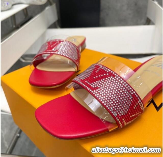 Good Looking Louis Vuitton TPU and LV Crystal Flat Slide Sandals Red 032606