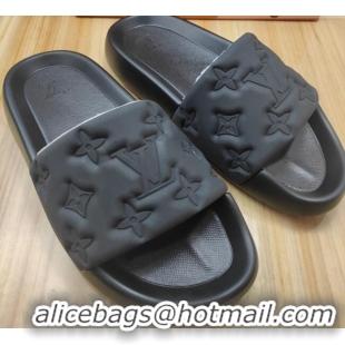 Best Grade Louis Vuitton Sunbath Monogram Rubber Flat Slide Sandals Black 042516