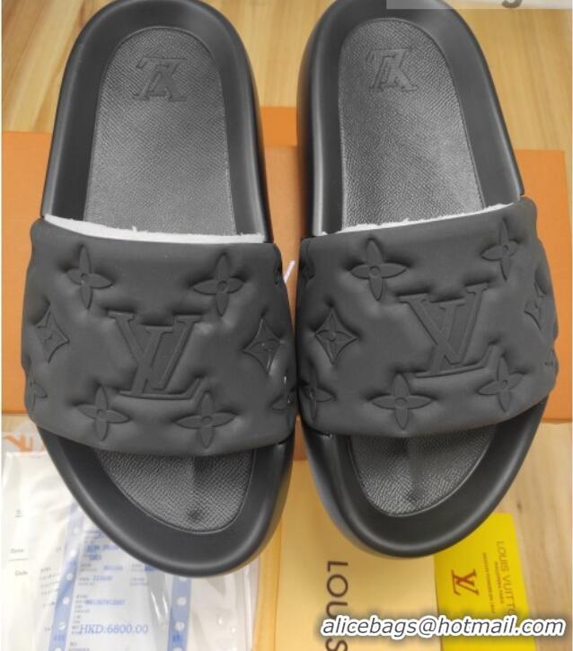 Best Grade Louis Vuitton Sunbath Monogram Rubber Flat Slide Sandals Black 042516