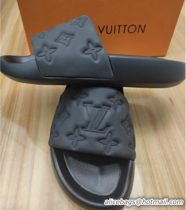 Best Grade Louis Vuitton Sunbath Monogram Rubber Flat Slide Sandals Black 042516