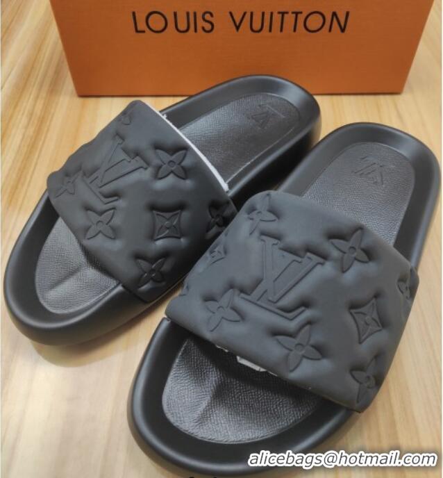 Best Grade Louis Vuitton Sunbath Monogram Rubber Flat Slide Sandals Black 042516