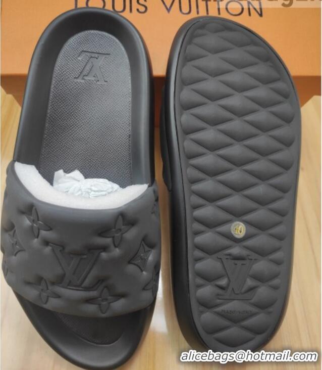 Best Grade Louis Vuitton Sunbath Monogram Rubber Flat Slide Sandals Black 042516