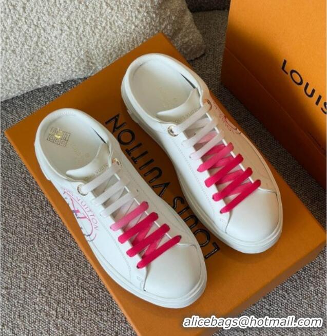 Elegant Louis Vuitton Time Out LV Circle Signature Print Open Back Sneakers White/Pink 042521