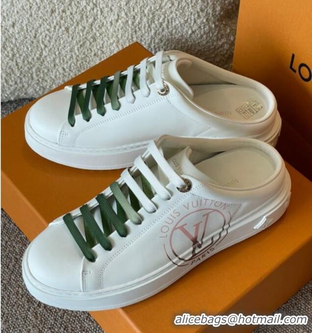 Best Price Louis Vuitton Time Out LV Circle Signature Print Open Back Sneakers White/Green 042522