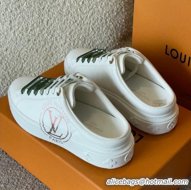 Best Price Louis Vuitton Time Out LV Circle Signature Print Open Back Sneakers White/Green 042522