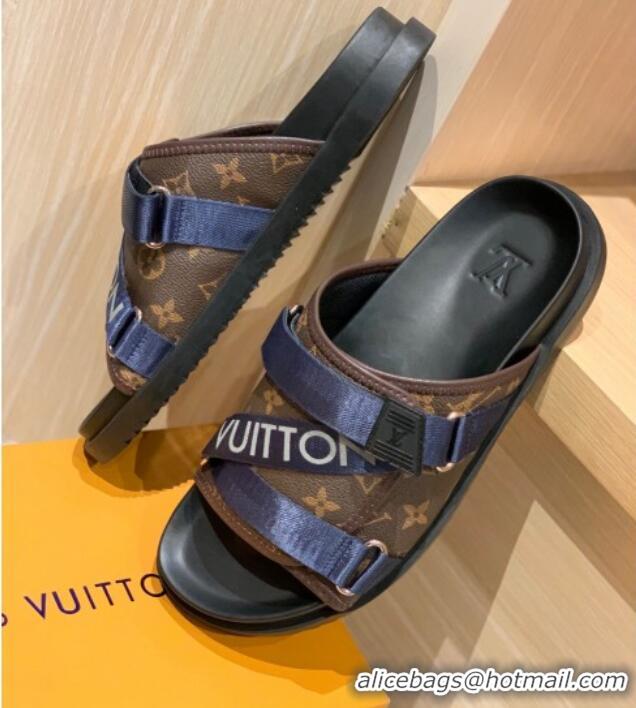 Low Cost Louis Vuitton Men's Buckle Strap Refective Slide Sandals Monogram Canvas/Blue 042528