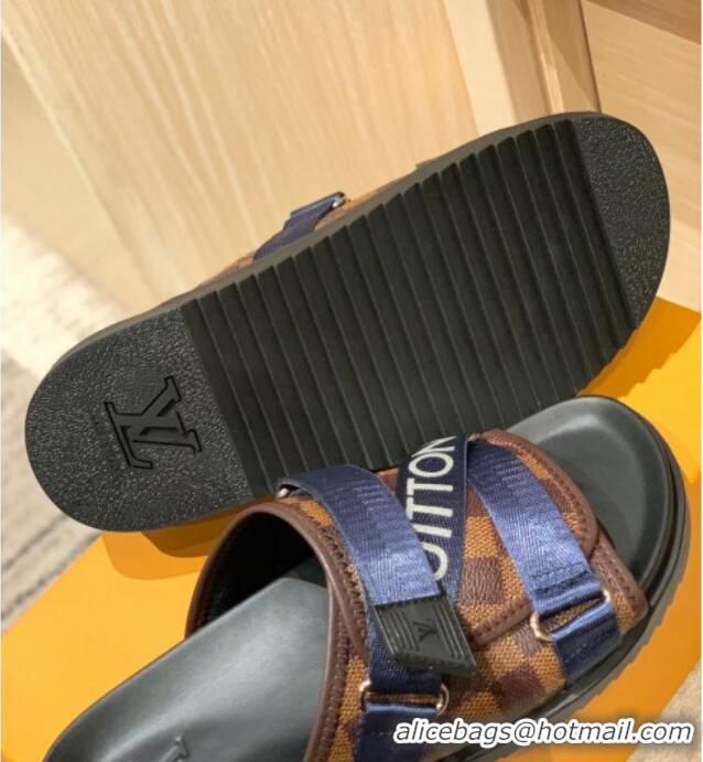 Affordable Price Louis Vuitton Men's Buckle Strap Refective Slide Sandals Damier Canvas/Blue 042530