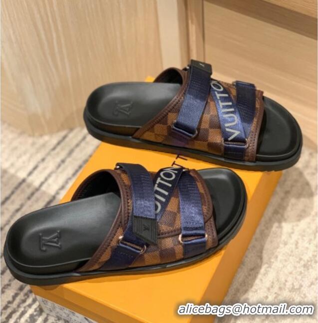 Affordable Price Louis Vuitton Men's Buckle Strap Refective Slide Sandals Damier Canvas/Blue 042530