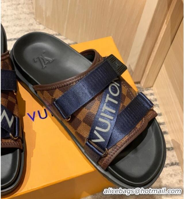 Affordable Price Louis Vuitton Men's Buckle Strap Refective Slide Sandals Damier Canvas/Blue 042530