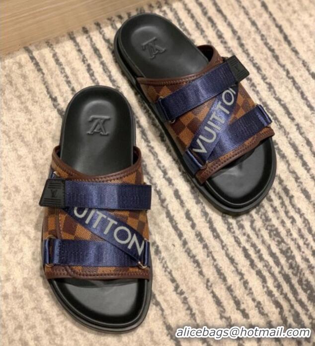 Affordable Price Louis Vuitton Men's Buckle Strap Refective Slide Sandals Damier Canvas/Blue 042530