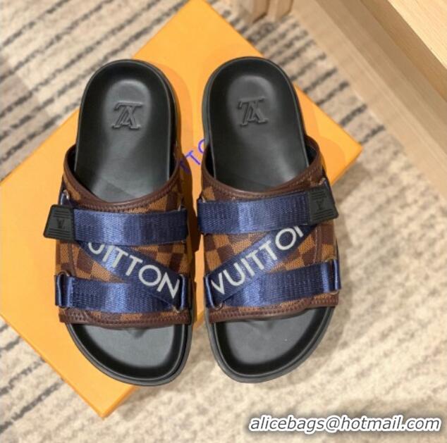 Affordable Price Louis Vuitton Men's Buckle Strap Refective Slide Sandals Damier Canvas/Blue 042530