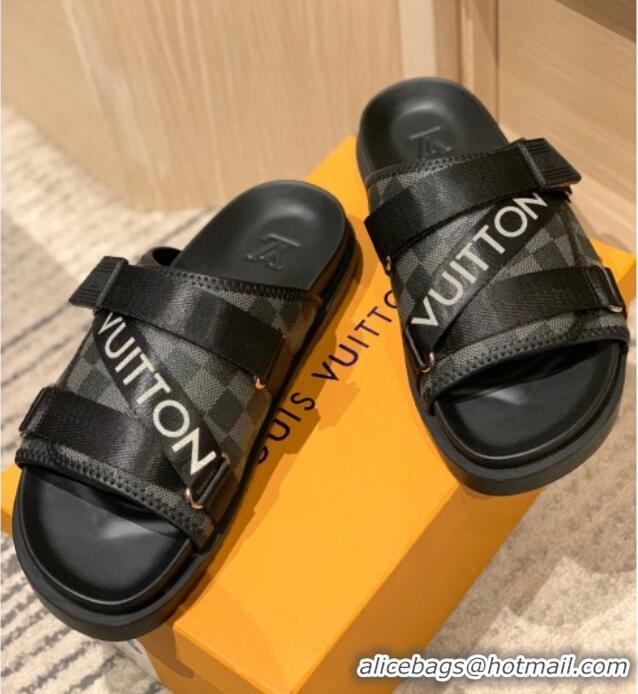 AAAAA Louis Vuitton Men's Buckle Strap Refective Slide Sandals Damier Canvas/Black 042531