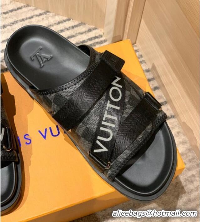 AAAAA Louis Vuitton Men's Buckle Strap Refective Slide Sandals Damier Canvas/Black 042531