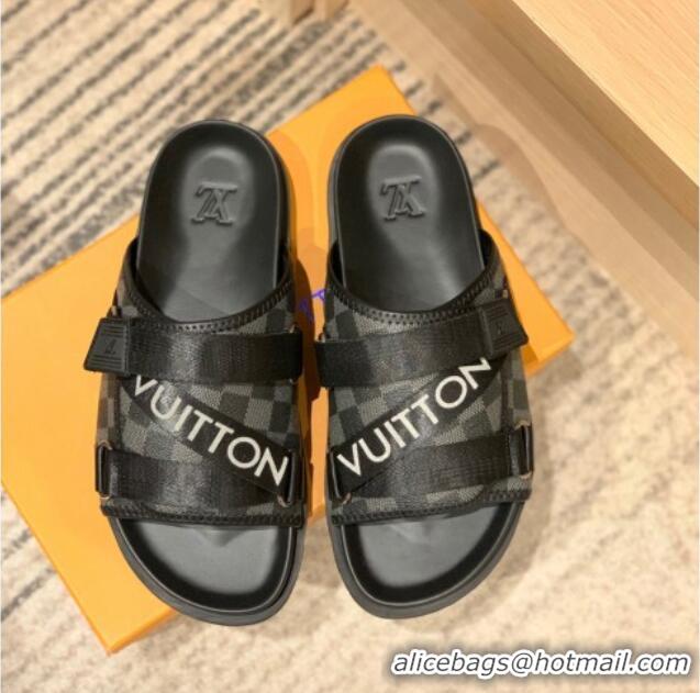 AAAAA Louis Vuitton Men's Buckle Strap Refective Slide Sandals Damier Canvas/Black 042531