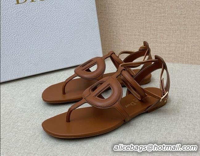 Stylish Dior Calfskin CD Flat Sandals Brown 032230