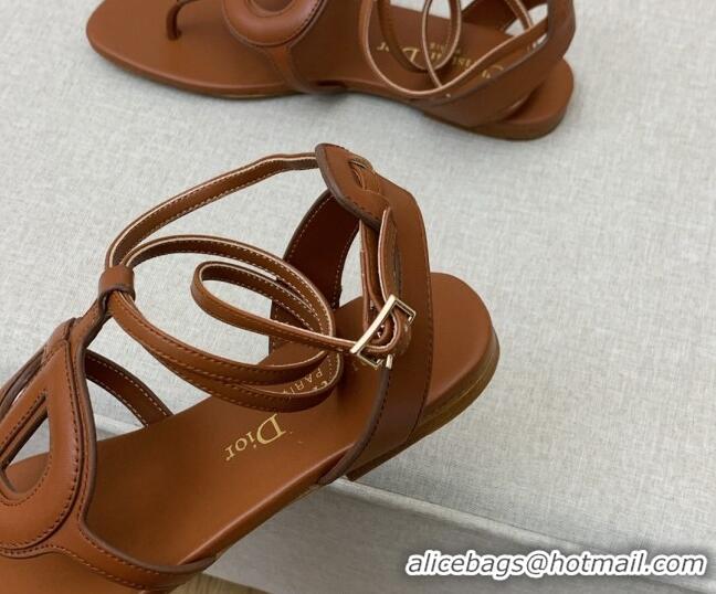 Stylish Dior Calfskin CD Flat Sandals Brown 032230