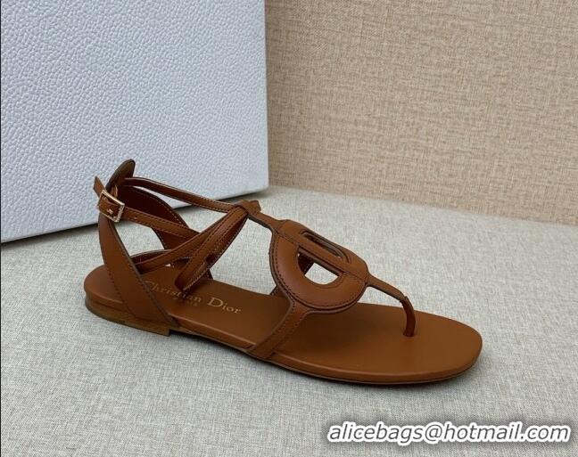 Stylish Dior Calfskin CD Flat Sandals Brown 032230