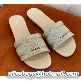 Hot Style Dior Dway Flat Slide Sandals in Crystal Embroidery Beige 032537