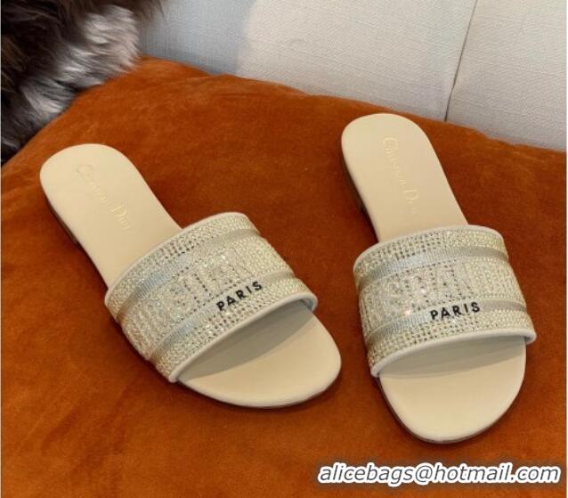 Hot Style Dior Dway Flat Slide Sandals in Crystal Embroidery Beige 032537