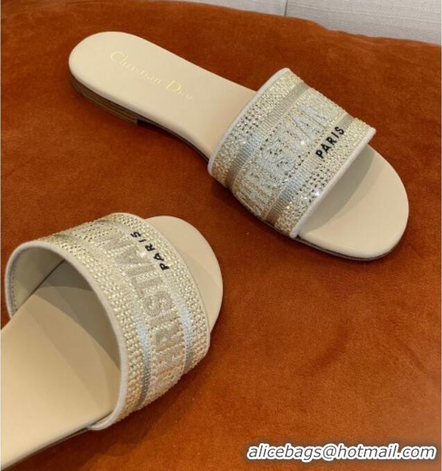 Hot Style Dior Dway Flat Slide Sandals in Crystal Embroidery Beige 032537