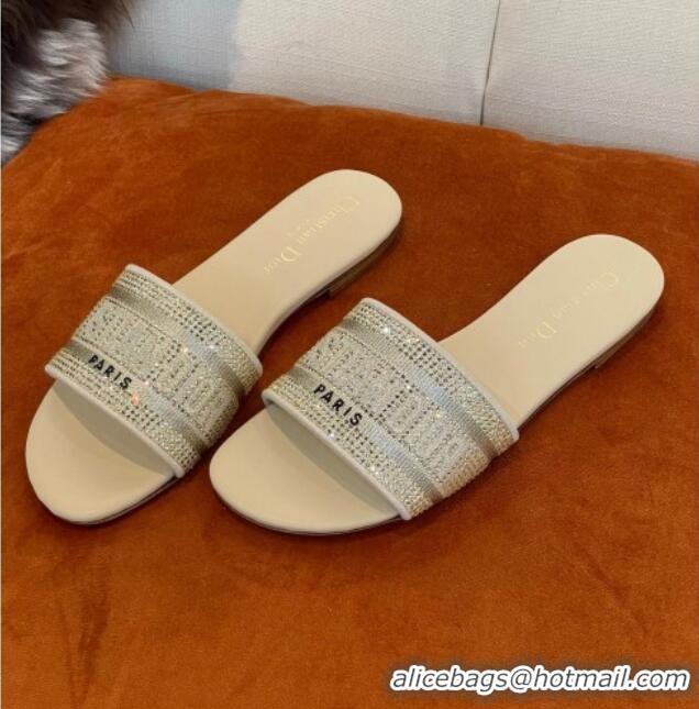 Hot Style Dior Dway Flat Slide Sandals in Crystal Embroidery Beige 032537