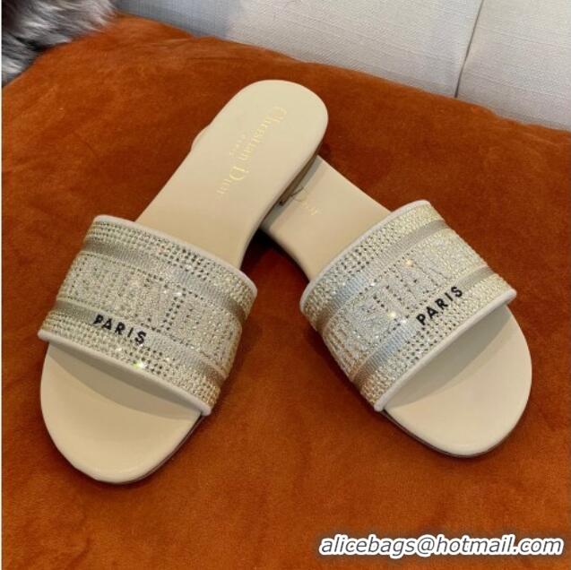 Hot Style Dior Dway Flat Slide Sandals in Crystal Embroidery Beige 032537