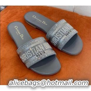 Unique Style Dior Dway Flat Slide Sandals in Crystal Embroidery Dark Grey 032538