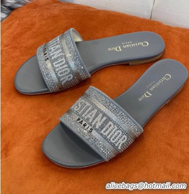 Unique Style Dior Dway Flat Slide Sandals in Crystal Embroidery Dark Grey 032538