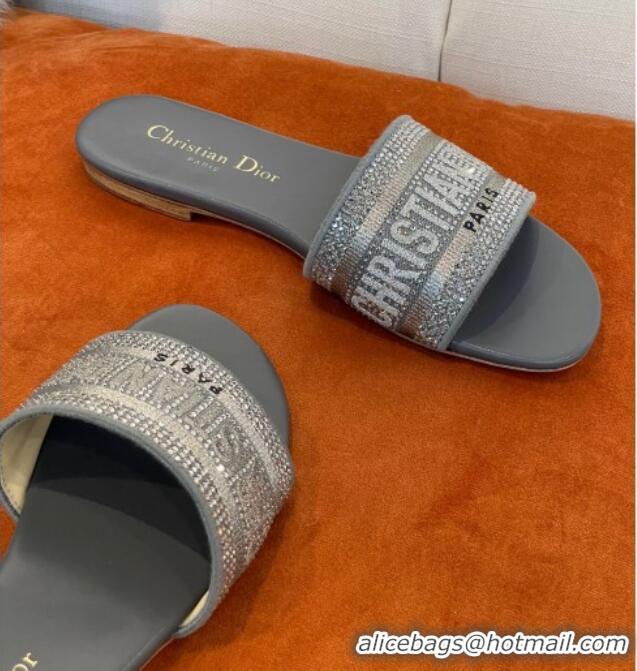 Unique Style Dior Dway Flat Slide Sandals in Crystal Embroidery Dark Grey 032538