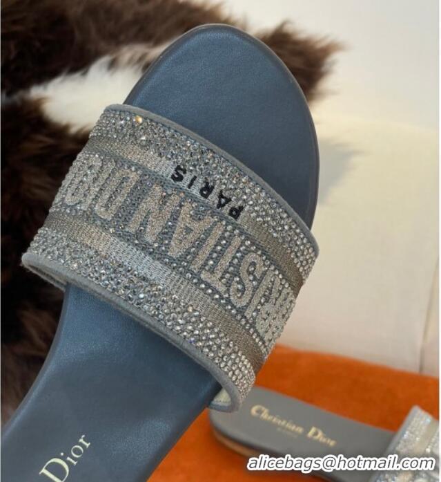 Unique Style Dior Dway Flat Slide Sandals in Crystal Embroidery Dark Grey 032538