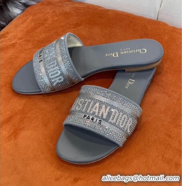 Unique Style Dior Dway Flat Slide Sandals in Crystal Embroidery Dark Grey 032538