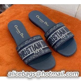 Perfect Dior Dway Flat Slide Sandals in Crystal Embroidery Navy Blue 032539