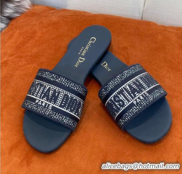 Perfect Dior Dway Flat Slide Sandals in Crystal Embroidery Navy Blue 032539