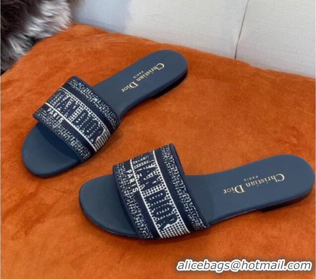 Perfect Dior Dway Flat Slide Sandals in Crystal Embroidery Navy Blue 032539