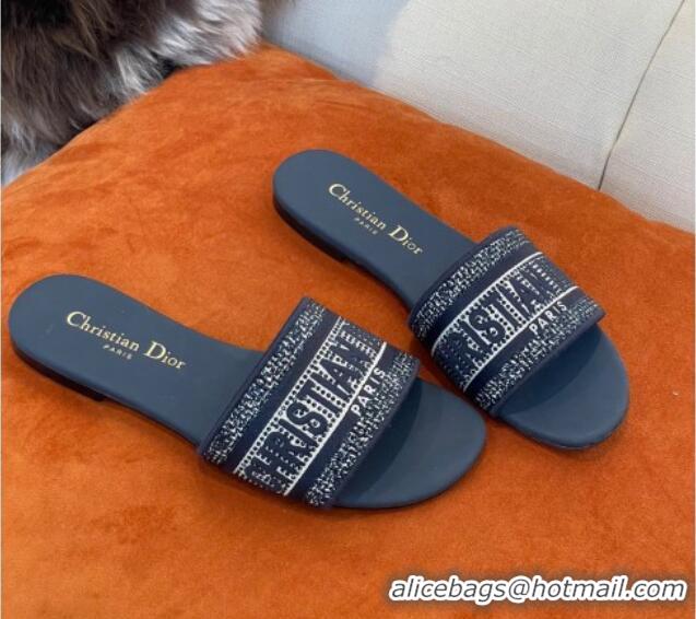 Perfect Dior Dway Flat Slide Sandals in Crystal Embroidery Navy Blue 032539