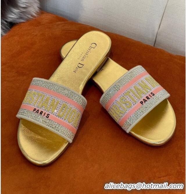 Charming Dior Dway Flat Slide Sandals in Crystal Embroidery Gold 032540