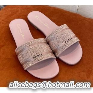 Popular Style Dior Dway Flat Slide Sandals in Crystal Embroidery Pink 032542