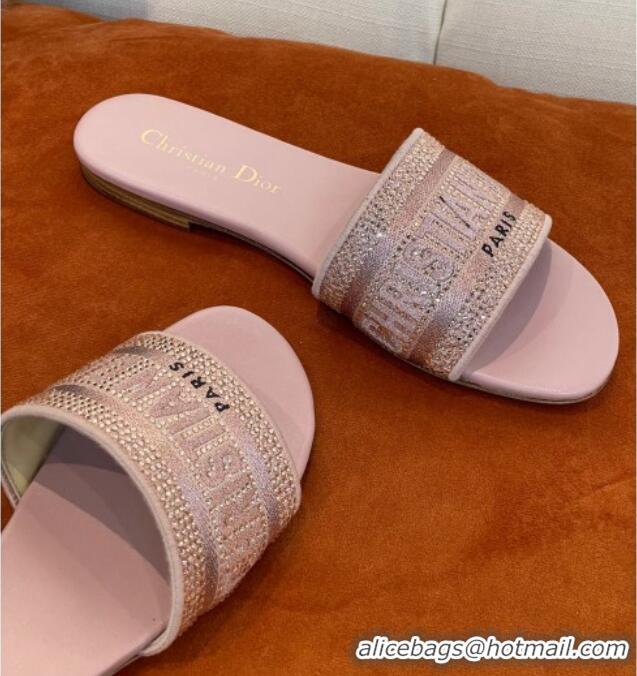 Popular Style Dior Dway Flat Slide Sandals in Crystal Embroidery Pink 032542