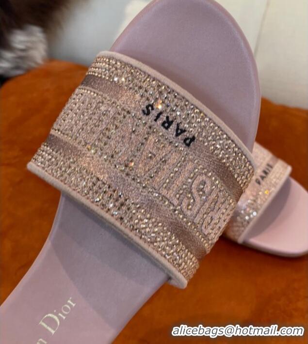 Popular Style Dior Dway Flat Slide Sandals in Crystal Embroidery Pink 032542