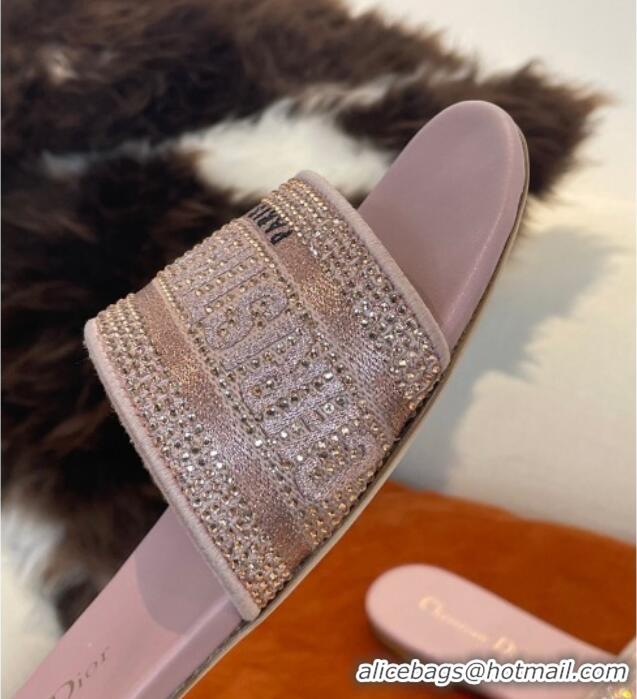 Popular Style Dior Dway Flat Slide Sandals in Crystal Embroidery Pink 032542